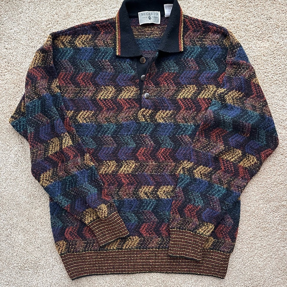 80/90s Vintage Men's Multicolor Coogi-style Italian Wool Blend Polo Sweater